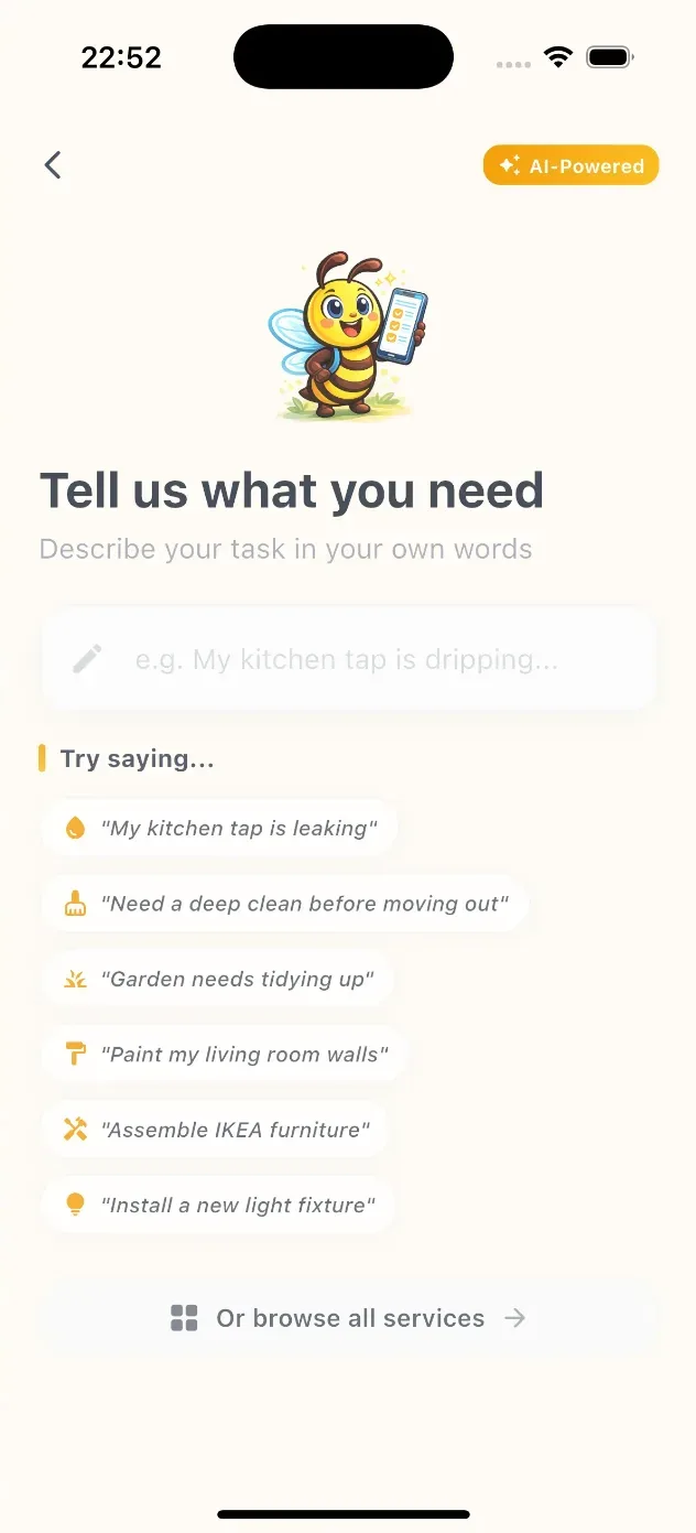 Fixabee customer app asking 'Tell us what you need', with example tasks such as a leaking kitchen tap or a deep clean