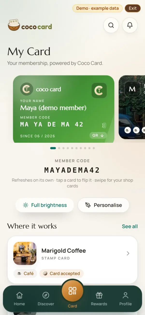 TheCocoCard customer web app showing a member's card with stamps and the member code, in the product's demo mode