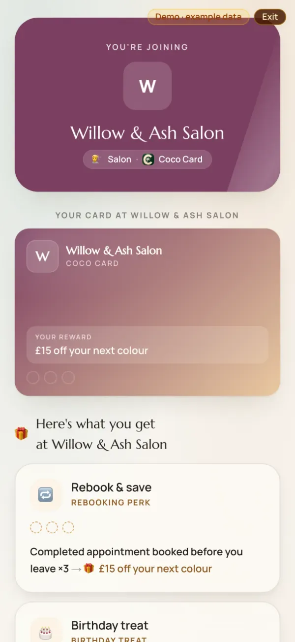 TheCocoCard join page a customer lands on after scanning a shop's join QR