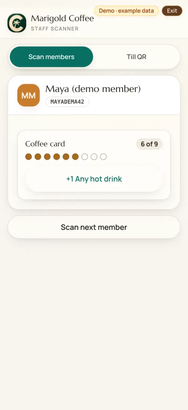 TheCocoCard staff scanner after scanning a member: a coffee card at six of nine stamps with a reward waiting